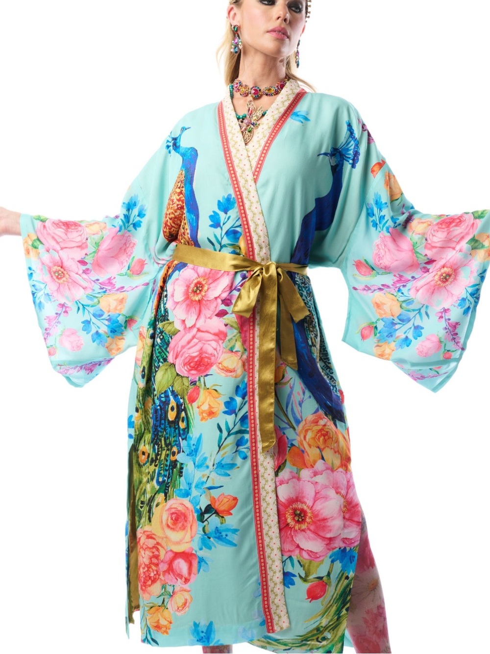 Aratta Aqua Blue Floral Peacock Kimono NWT Size OSFM